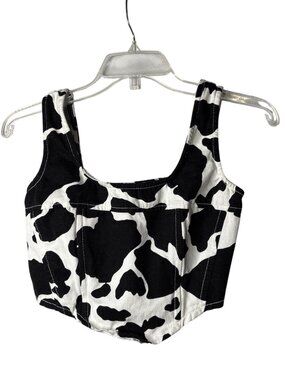 Lone Star Crop Top Size S Cow Print Smocked Back Black White Cotton